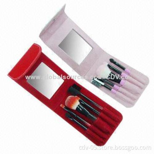Travel makeup brushes, plastic handle and aluminum ferrule with double-color synthetic bristles